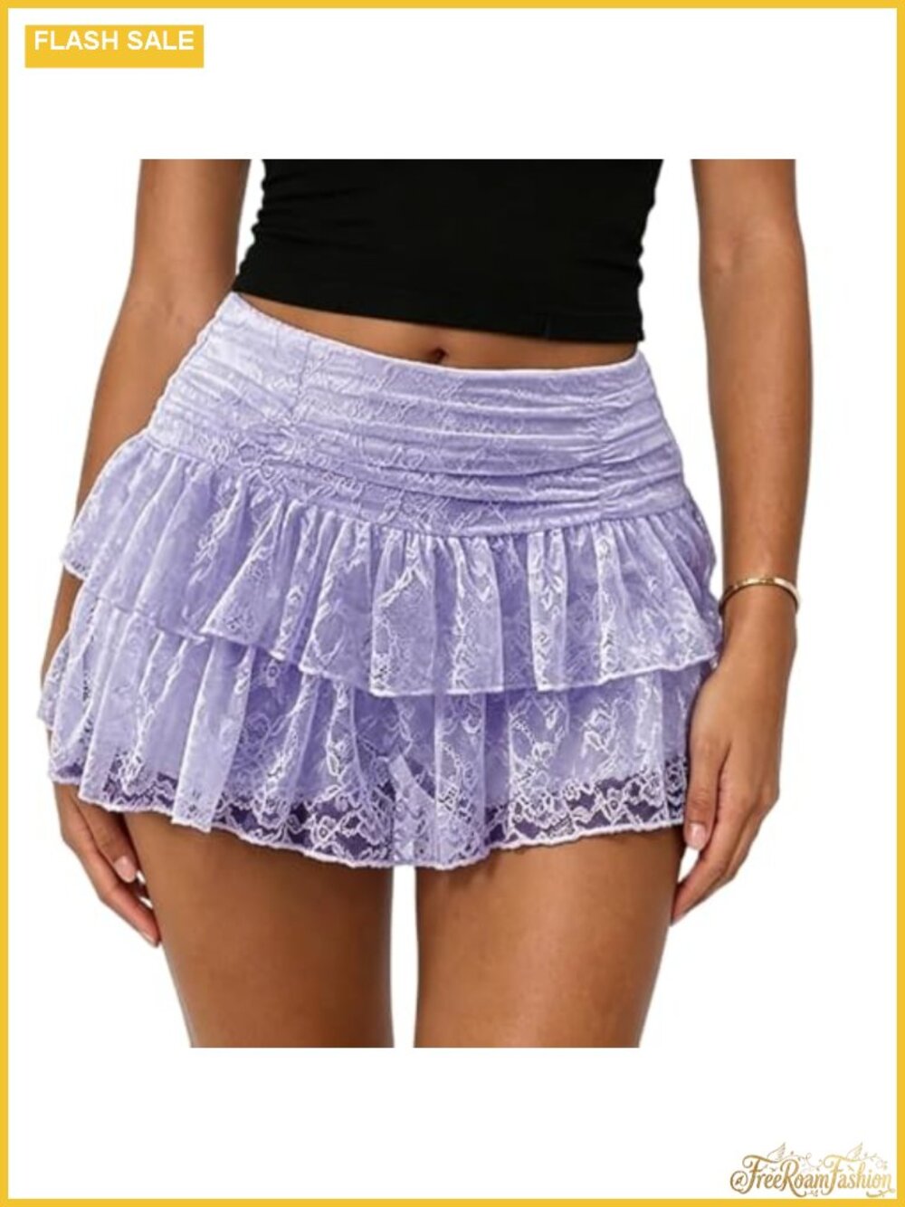 High Waisted Lace Tiered Mini Skirt Ruffled Half Slip Flowy A-Line